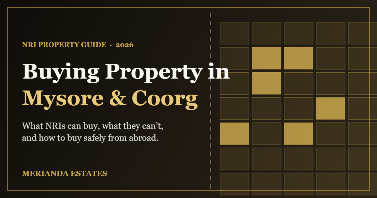 Illustration of a residential plot layout with the text Buying Property in Mysore and Coorg, an NRI property guide